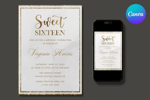 Gold Glitter Sweet 16 Birthday Invite