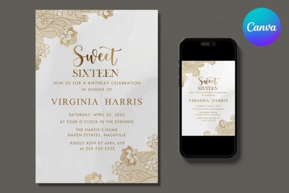 Gold Lace Sweet Sixteen Birthday Invite