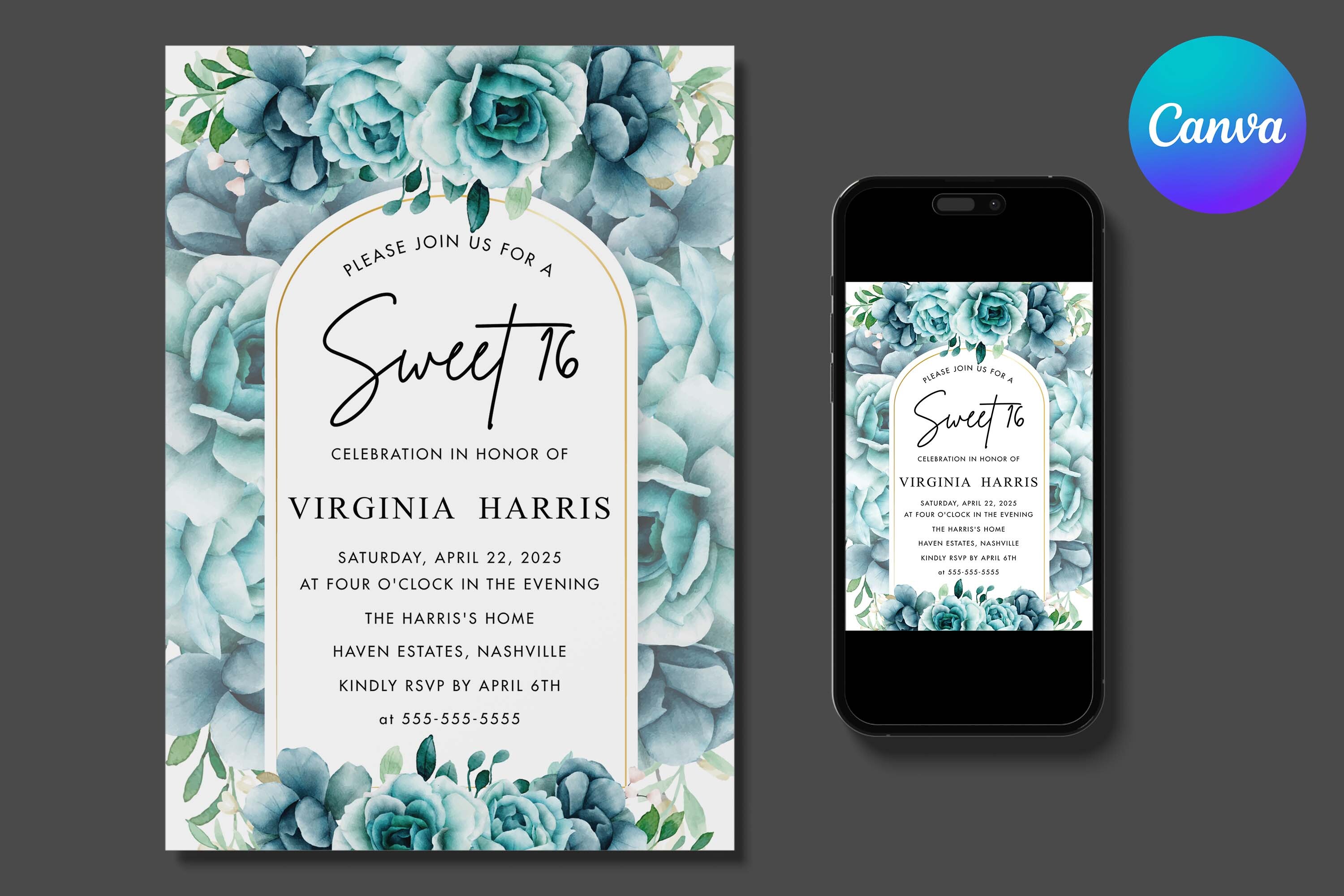 Green Floral Sweet 16 Birthday Invite