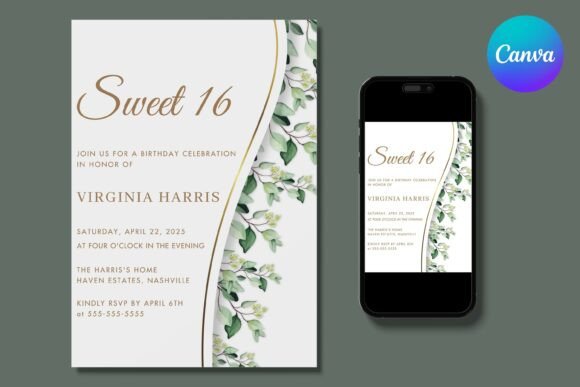 Green Leaf Sweet Sixteen Birthday Invite