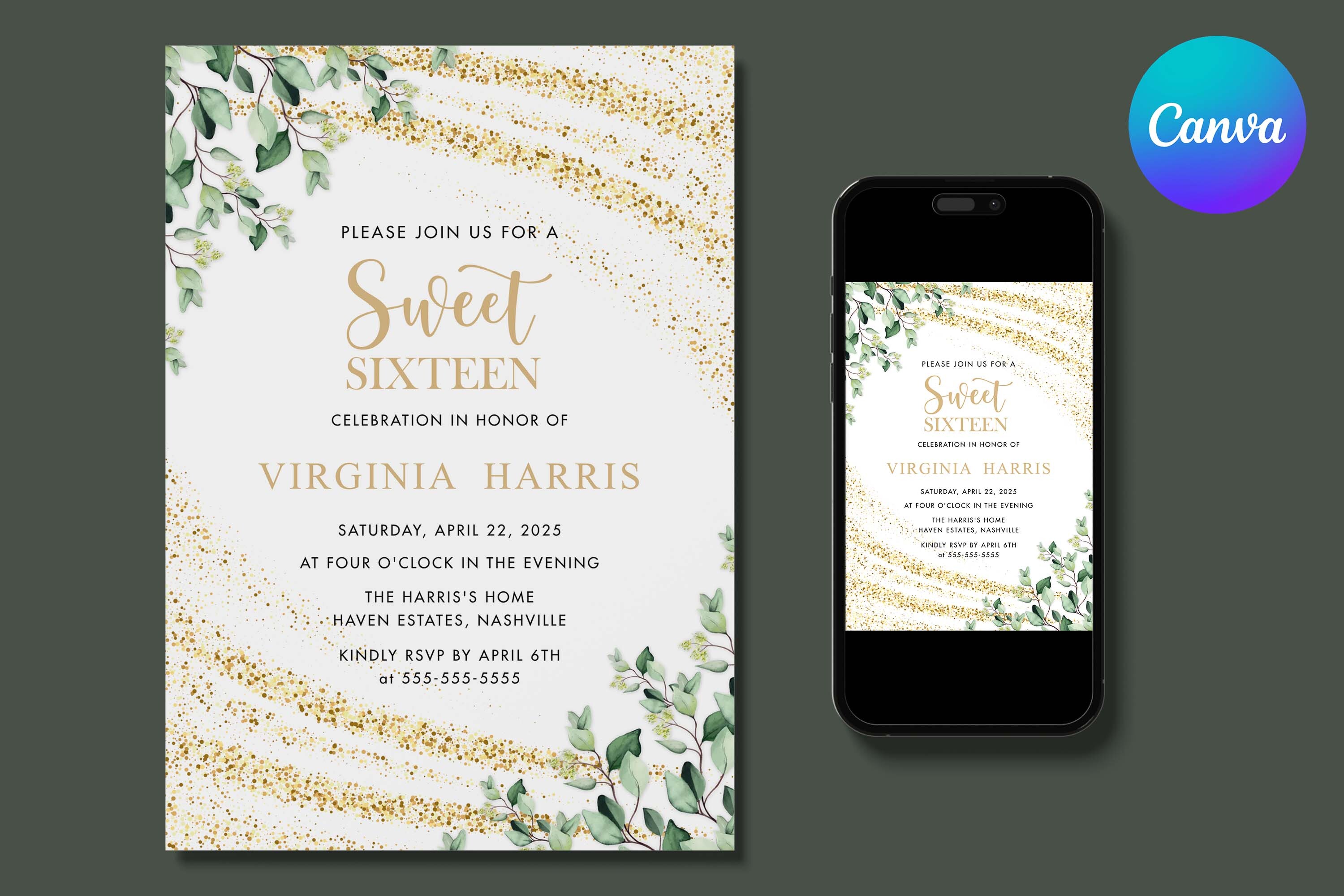 Greenery Sweet 16 Birthday Invitation