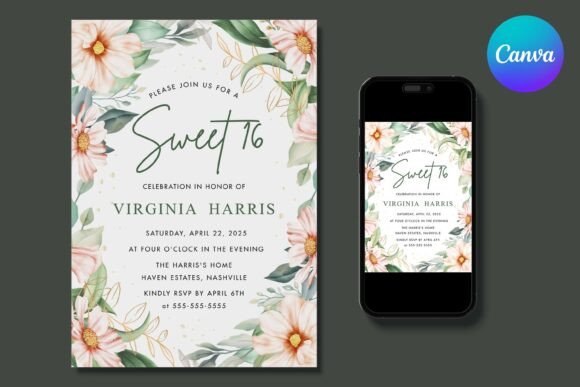 Peach Floral Sweet 16 Birthday Invite