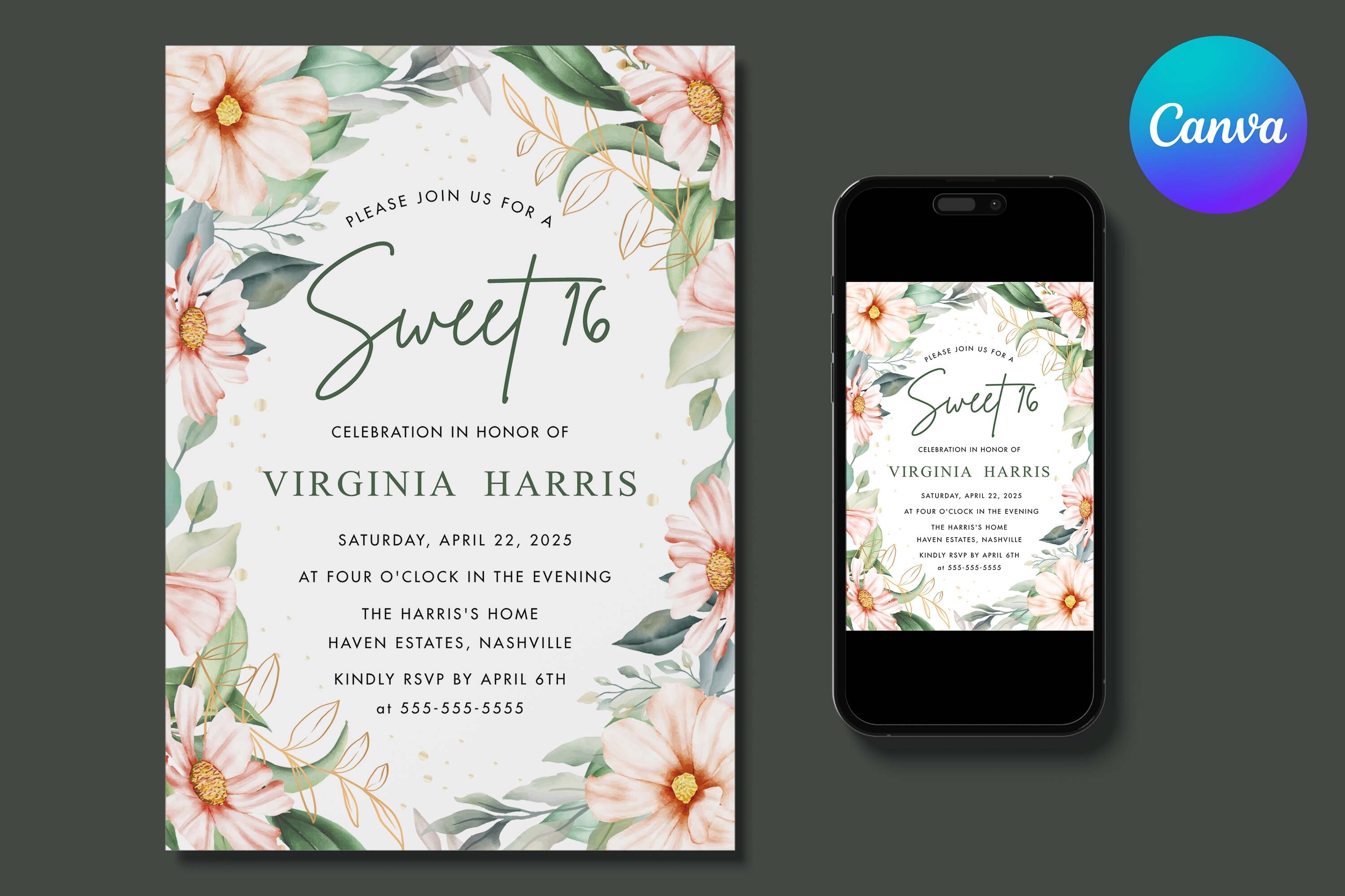 Peach Floral Sweet 16 Birthday Invite
