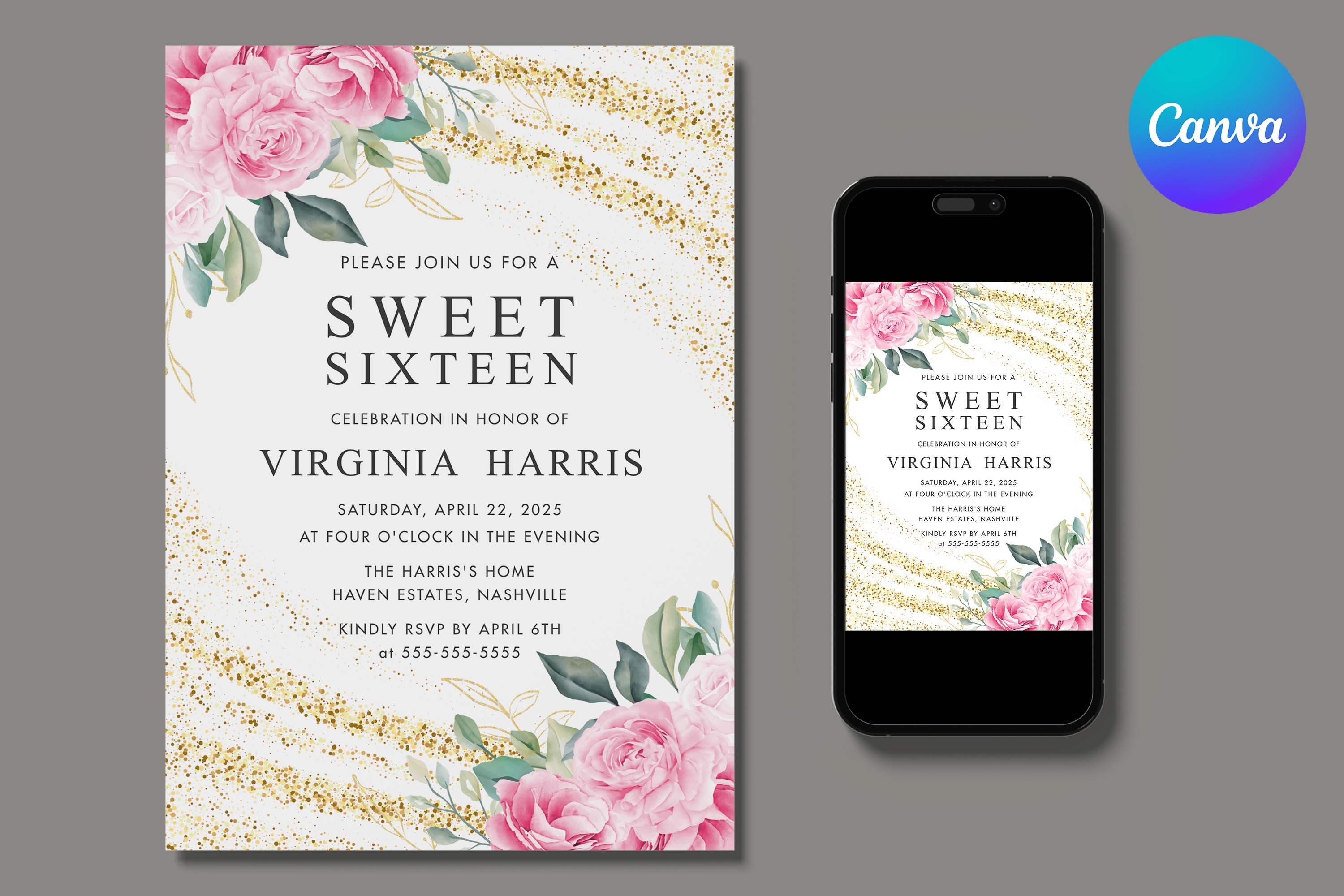Pink Floral Sweet 16 Birthday Invite