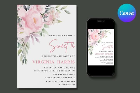 Pink Flower Sweet 16 Birthday Invite