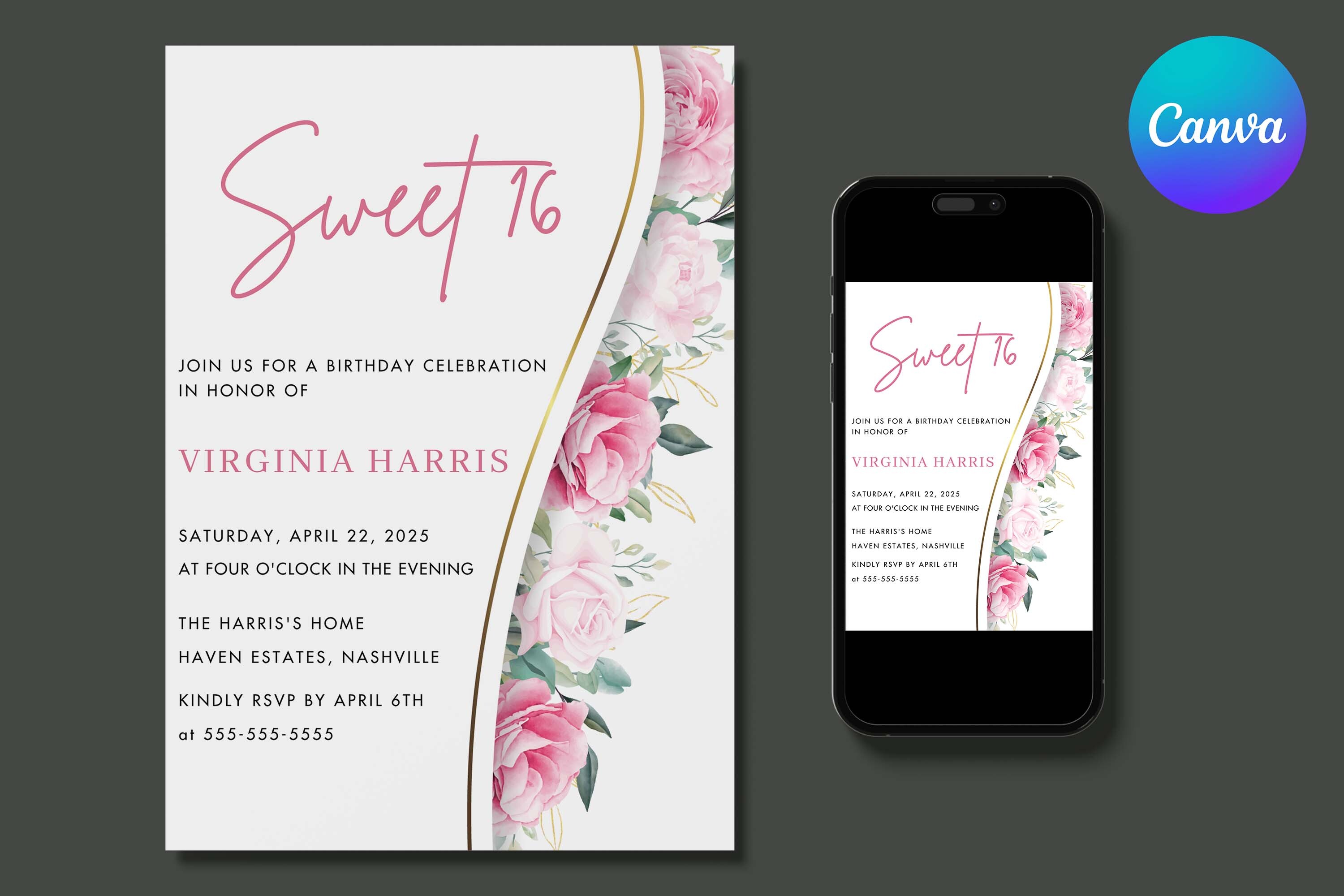 Pink Flowers Sweet 16 Birthday Invite