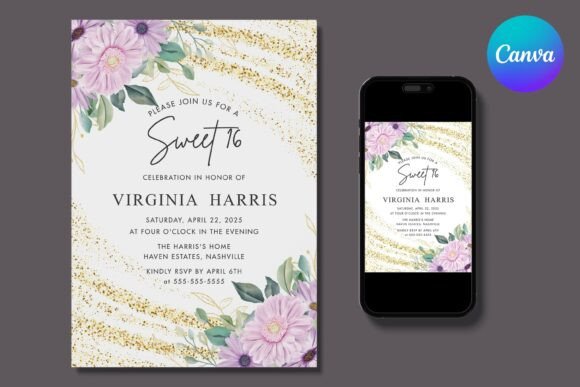 Purple Floral Sweet 16 Birthday Invite