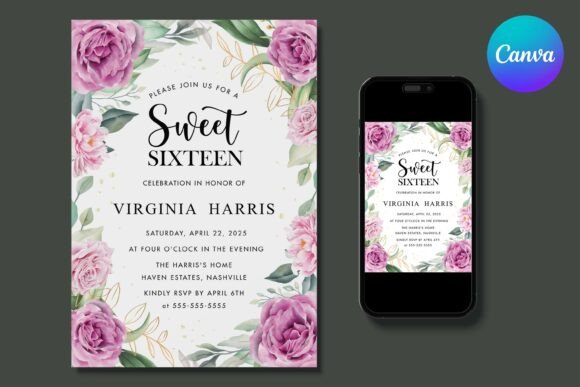 Purple Floral Sweet 16 Birthday Invite