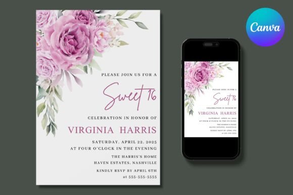 Purple Flowers Sweet 16 Birthday Invite