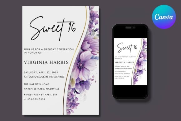 Purple Foliage Sweet 16 Birthday Invite
