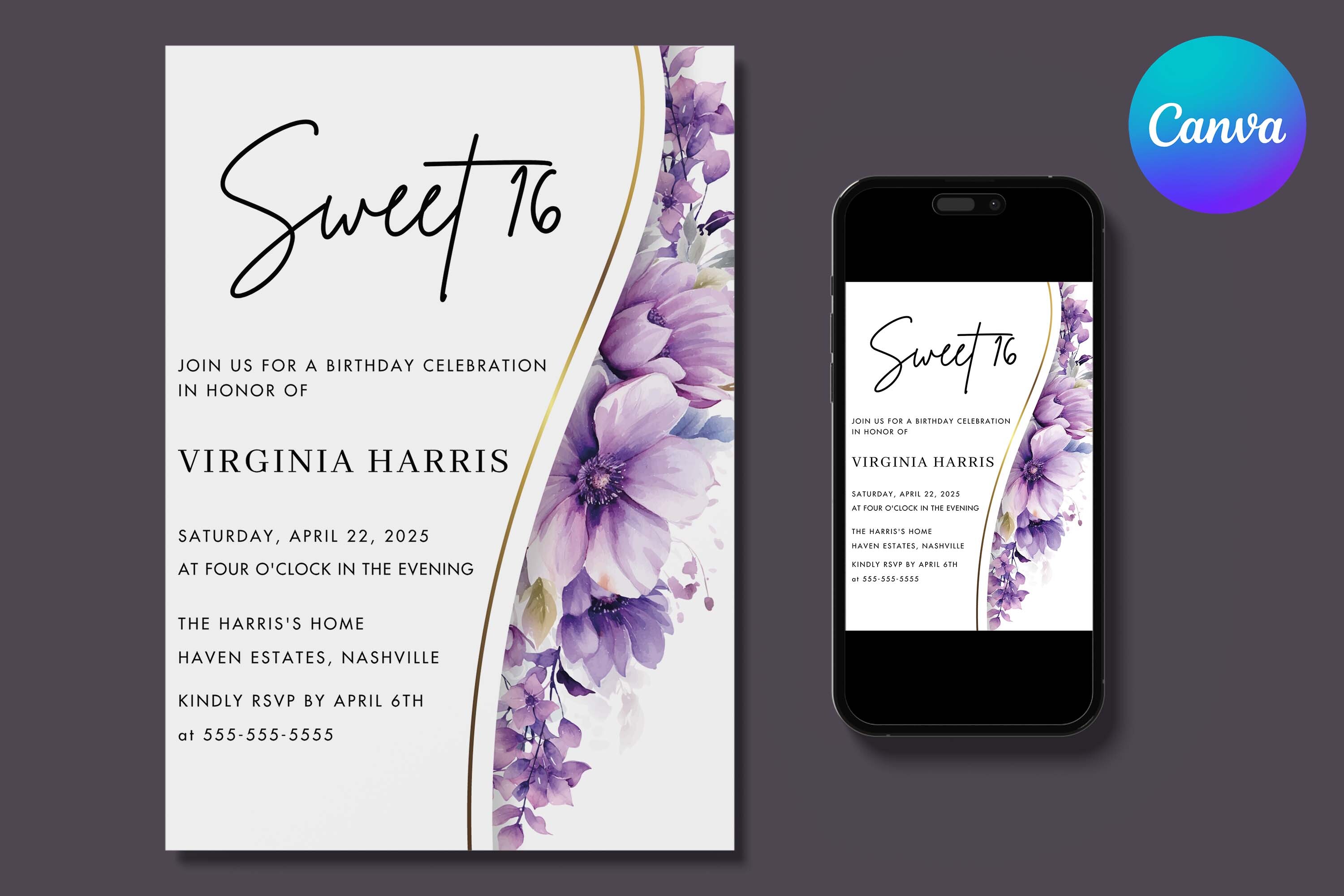 Purple Foliage Sweet 16 Birthday Invite