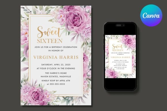 Purple Roses Sweet 16 Birthday Invite