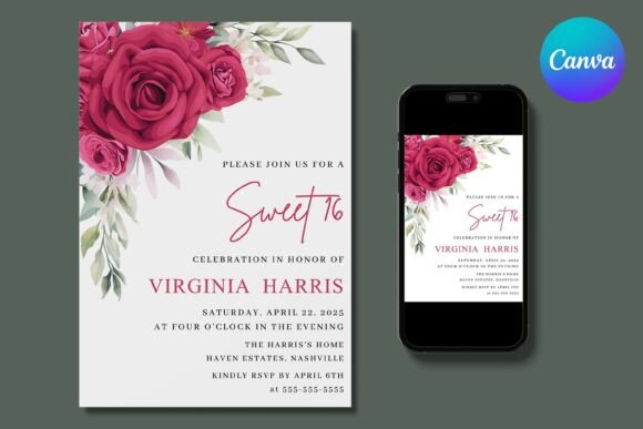 Red Flowers Sweet 16 Birthday Invitation