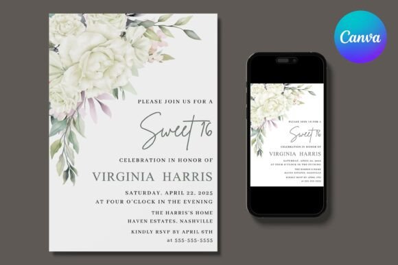 White Flowers Sweet 16 Birthday Invite