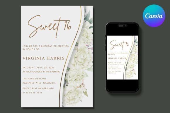 White Flowers Sweet 16 Birthday Invite