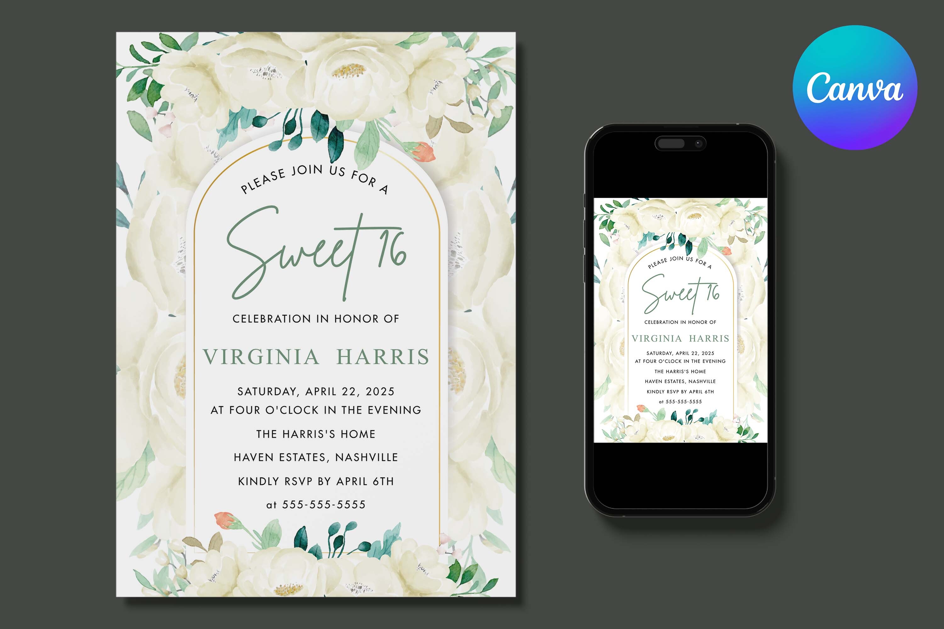 White Flowers Sweet 16 Birthday Invite