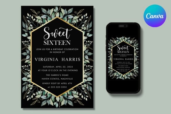 Black Gold Greenery Sweet 16 Invitation