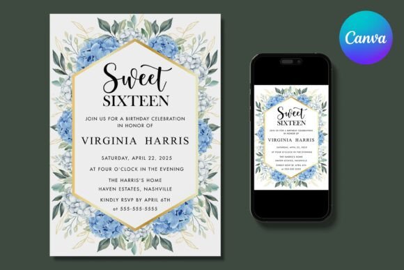Blue Florals Sweet 16 Birthday Invite
