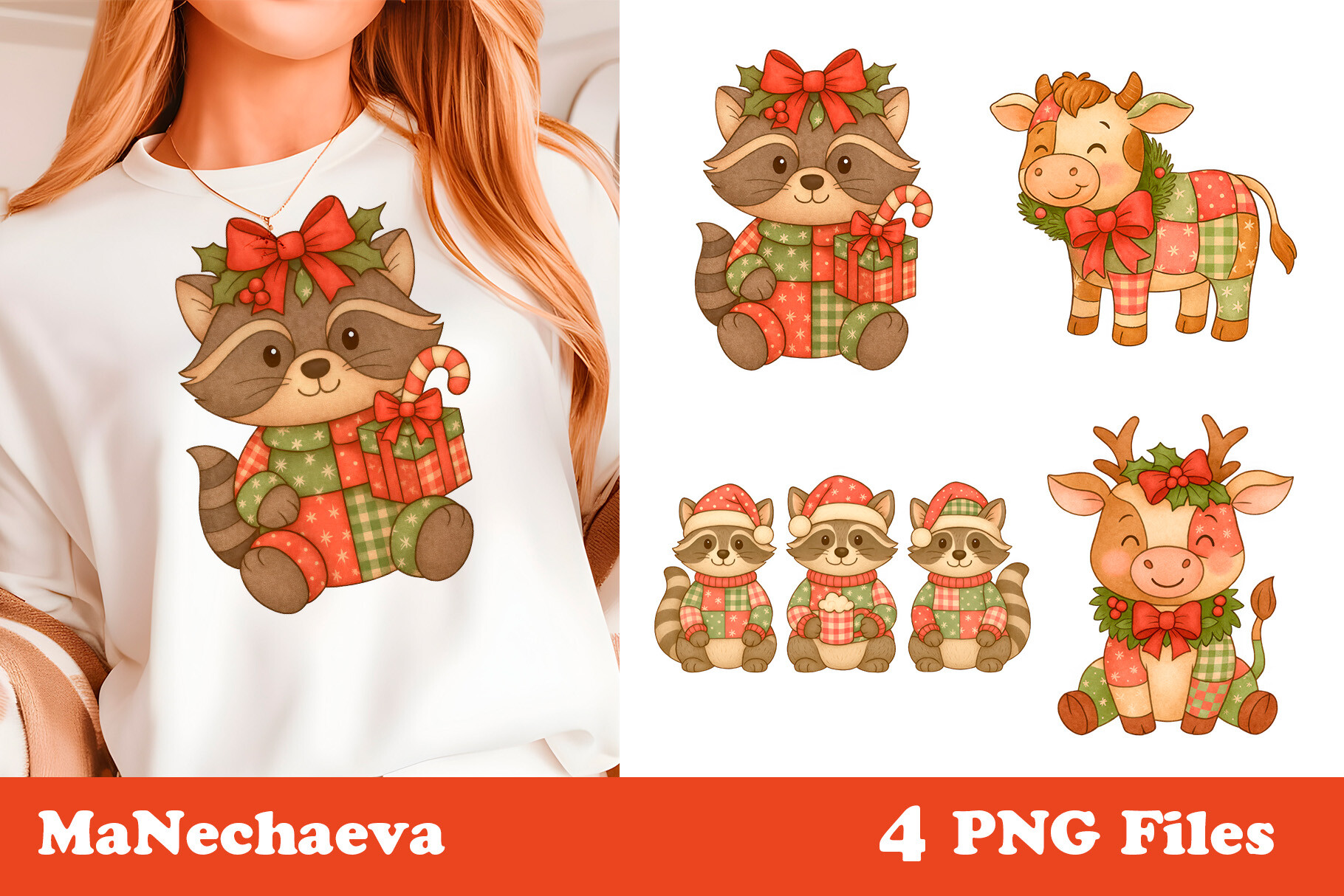 Christmas Patchwork Animals Clipart