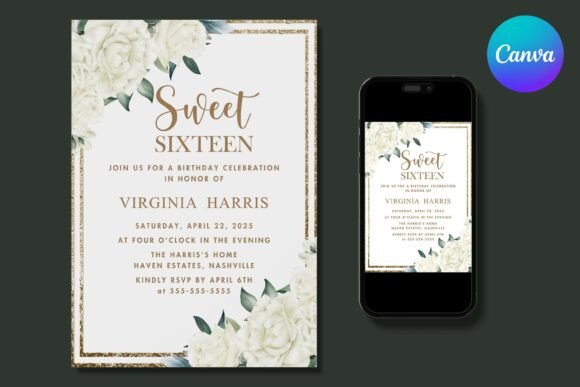 Glitter Floral Sweet 16 Birthday Invite