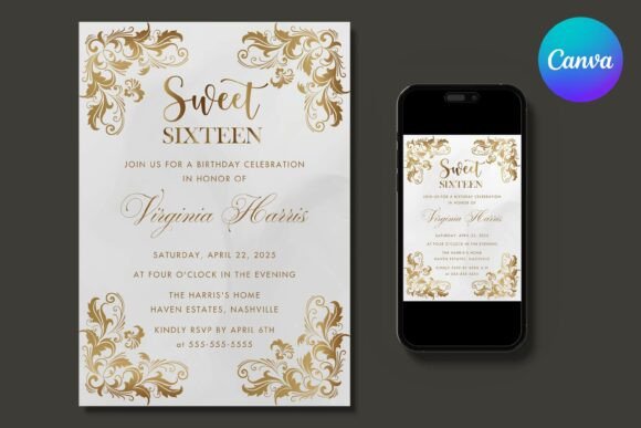 Gold Ornate Border Sweet 16 Invitation