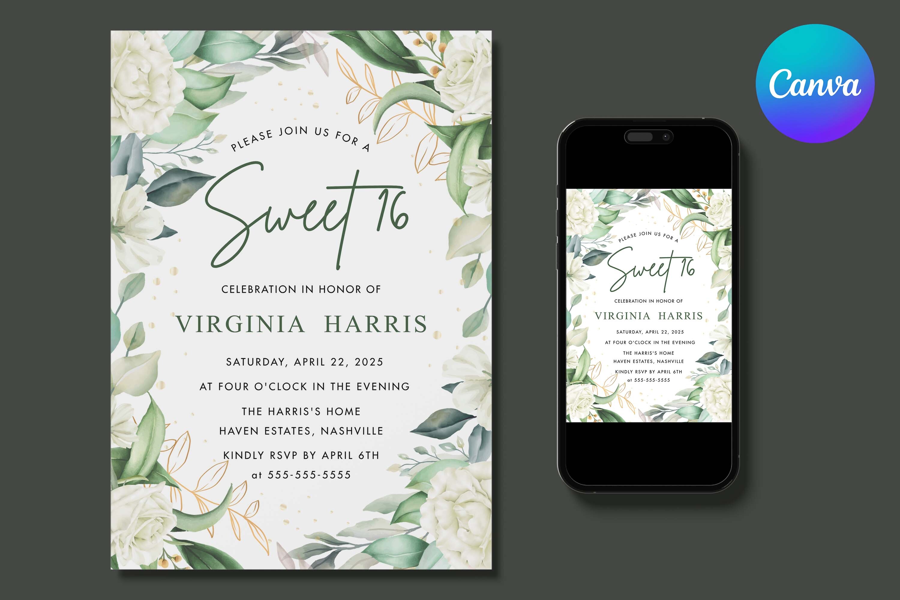 Ivory Floral Sweet 16 Birthday Invite