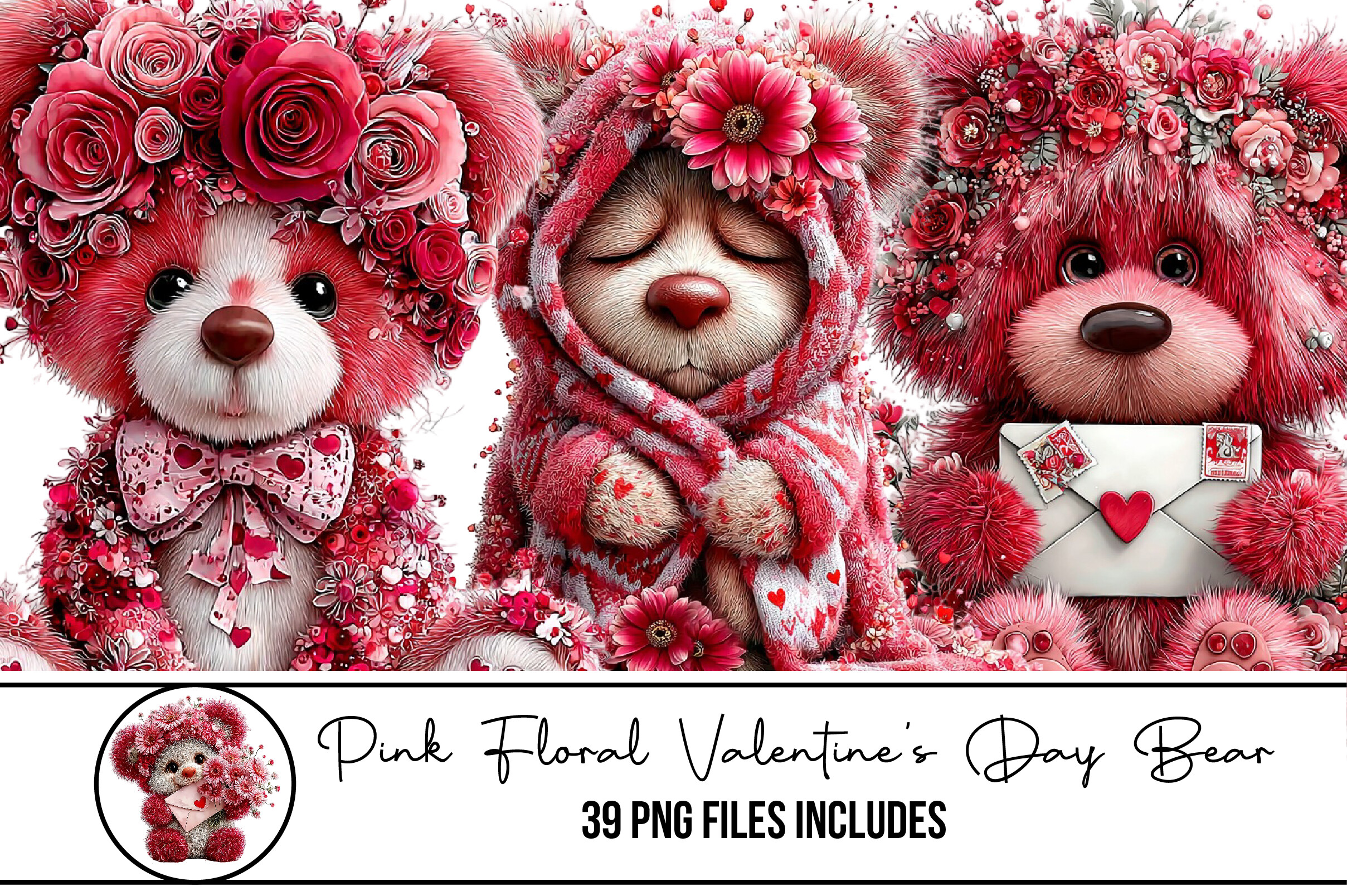 Pink Floral Valentine's Day Bear Clipart Graphic by DreamArtGraphic ...
