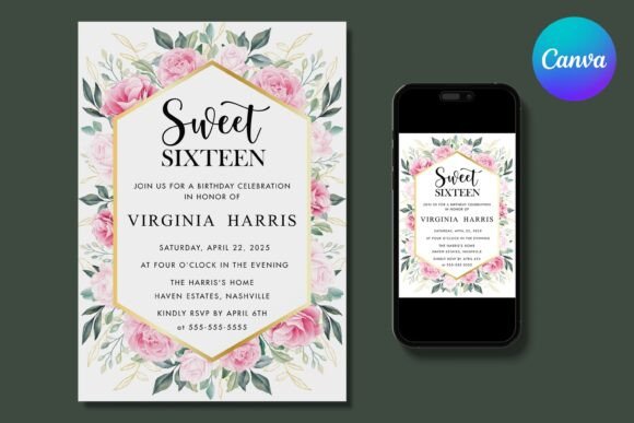 Pink Florals Sweet 16 Birthday Invite