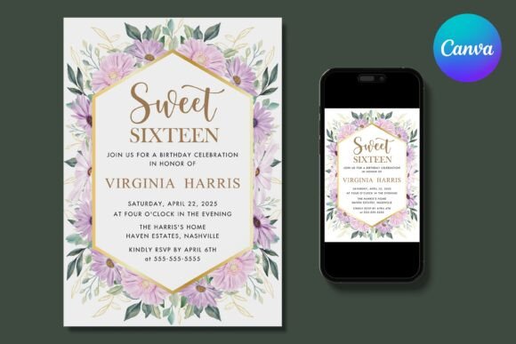 Purple Florals Sweet 16 Birthday Invite
