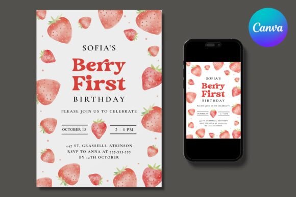Strawberry first birthday invitation with a sweet berry party theme