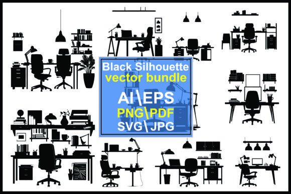 Silhouettes of Office Desks Chairs Lamps