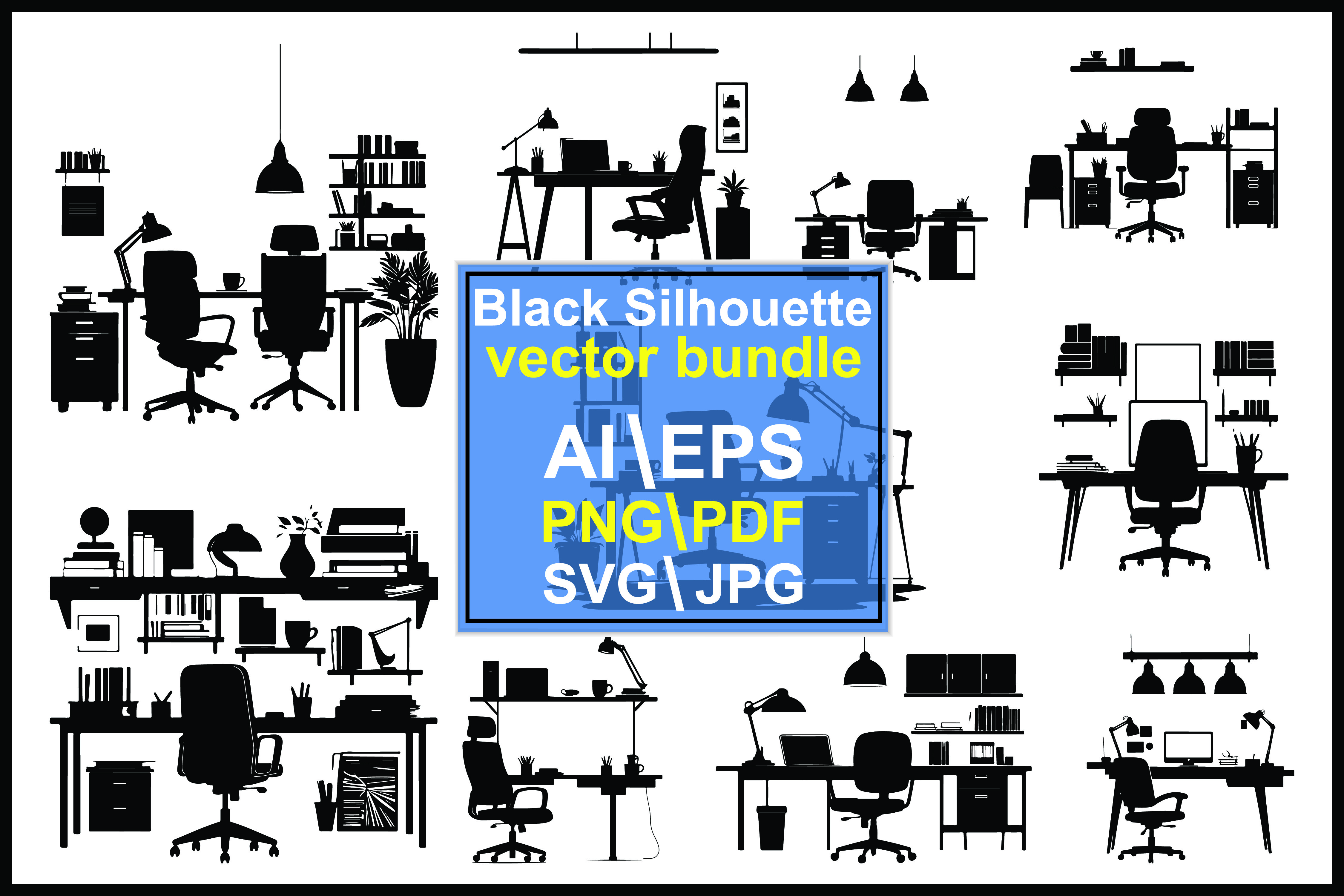 Silhouettes of Office Desks Chairs Lamps