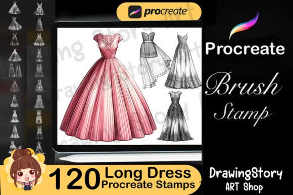 120 Long Dress Procreate Stamps: Fashion