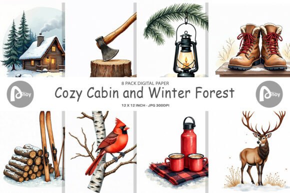 Hygge Winter Cabin Digital Paper Graphics
