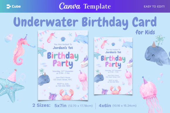 Underwater Kids Birthday Card Template