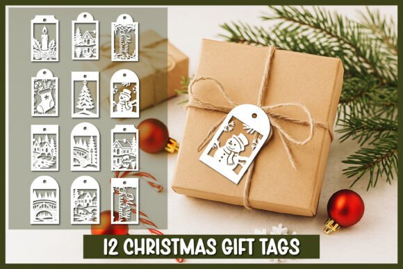 12 Christmas Gift Tags Paper Cut SVG