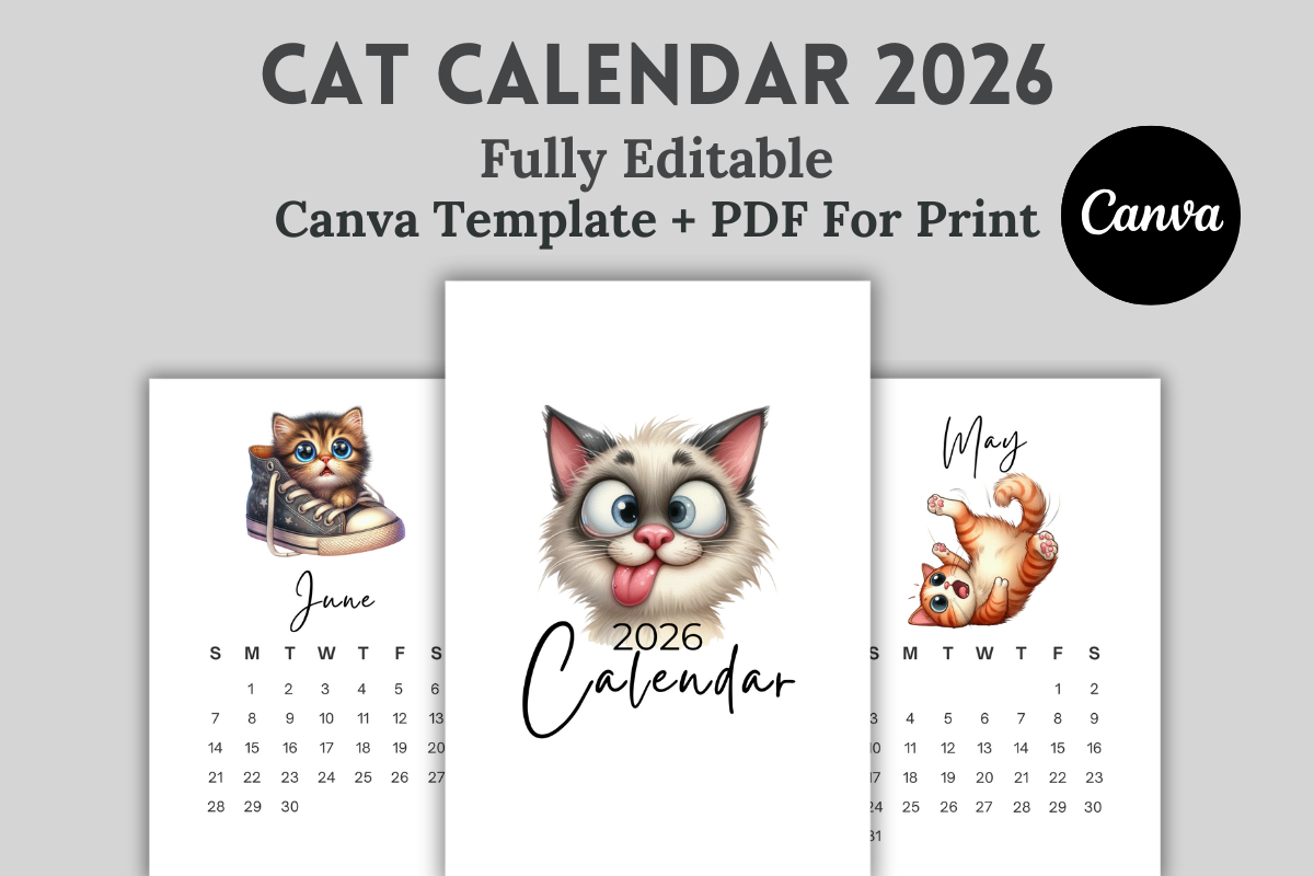 Funny Cat Calendar 2026 Editable Canva