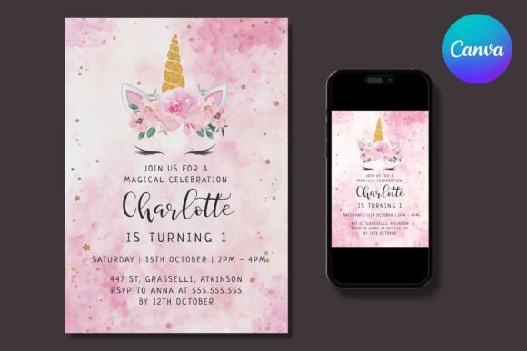 Gold Teal Pink Unicorn Birthday Invite