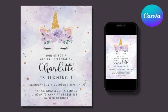 Gold Teal Purple Unicorn Birthday Invite