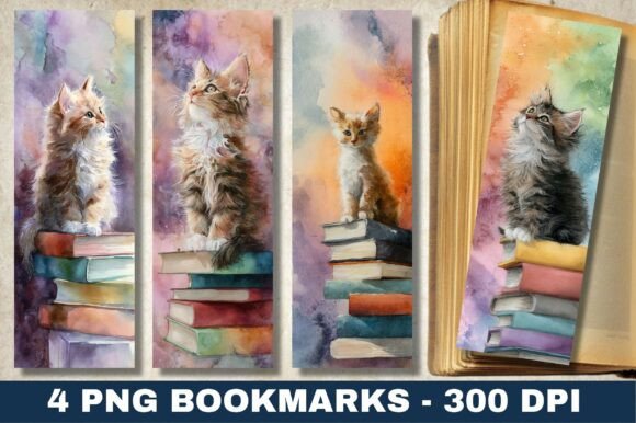 Kitten Stacked Books Watercolor Bookmark