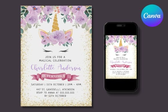 Purple Floral Unicorn Birthday Invite