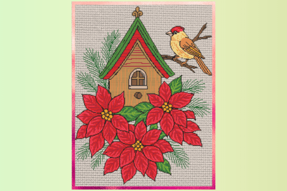 Christmas Birdhouse with Poinsettias