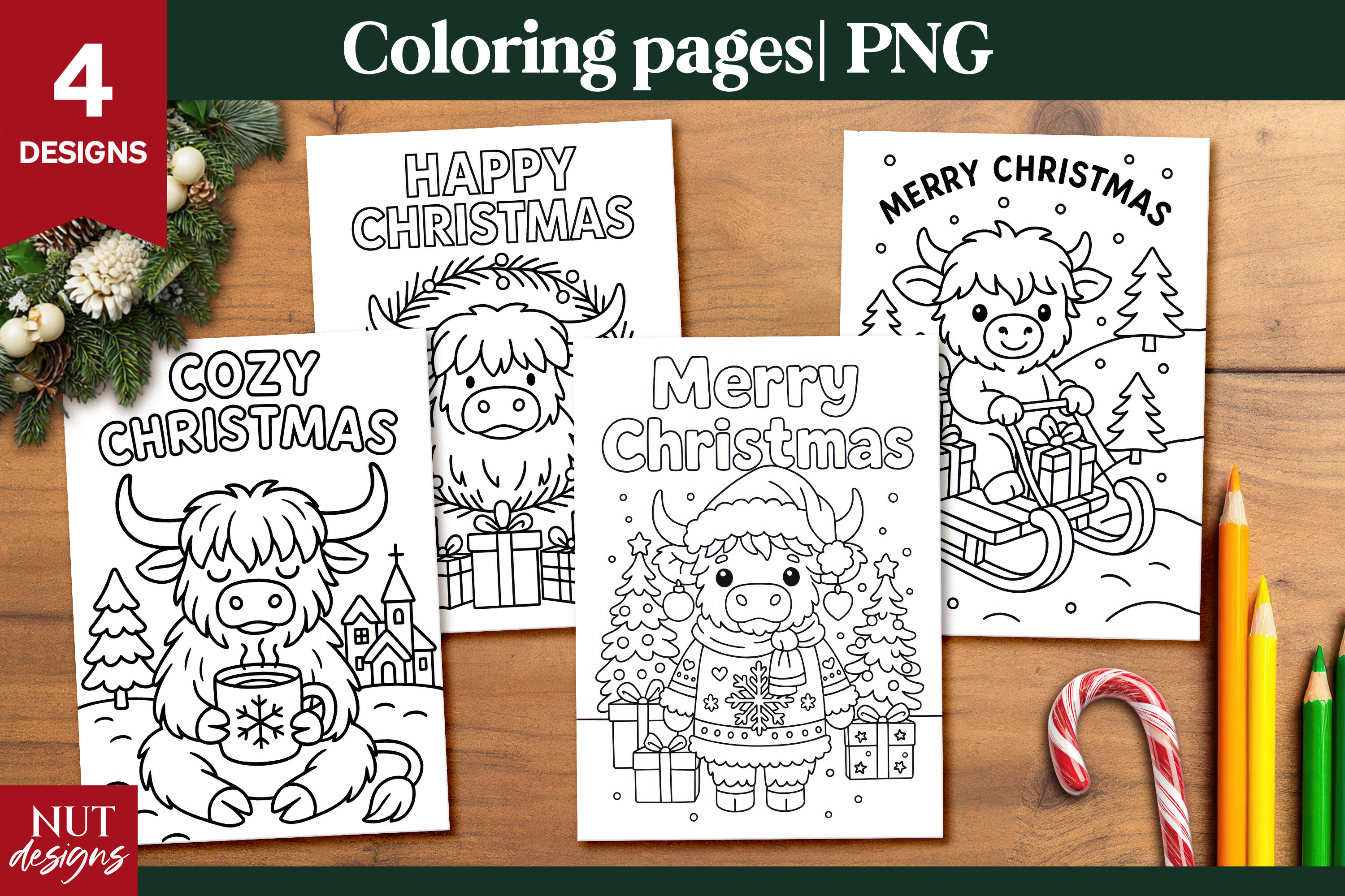 Christmas Highland Cow Coloring Pages
