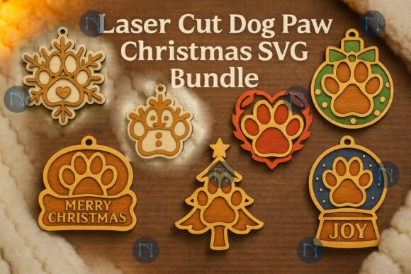 dog paw christmas ornaments svg bundle for laser cutting glowforge baltic birch holiday ornament