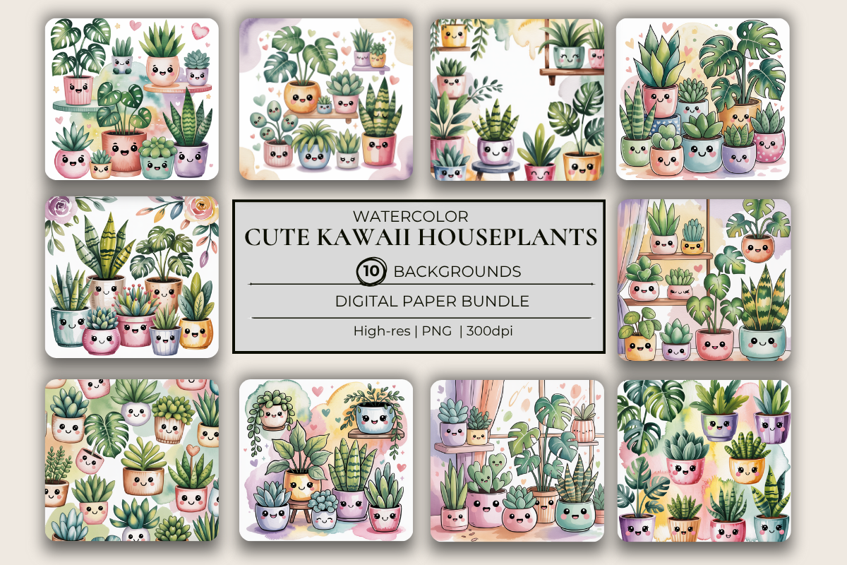 Kawaii Houseplants Watercolor Paper Set