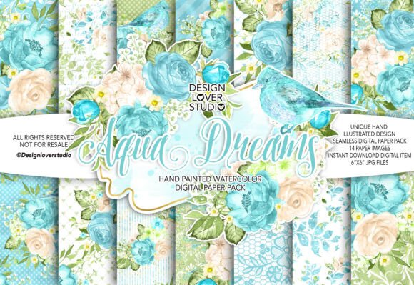 Watercolor AQUA DREAMS Digital Paper Pac Graphic Patterns By designloverstudio