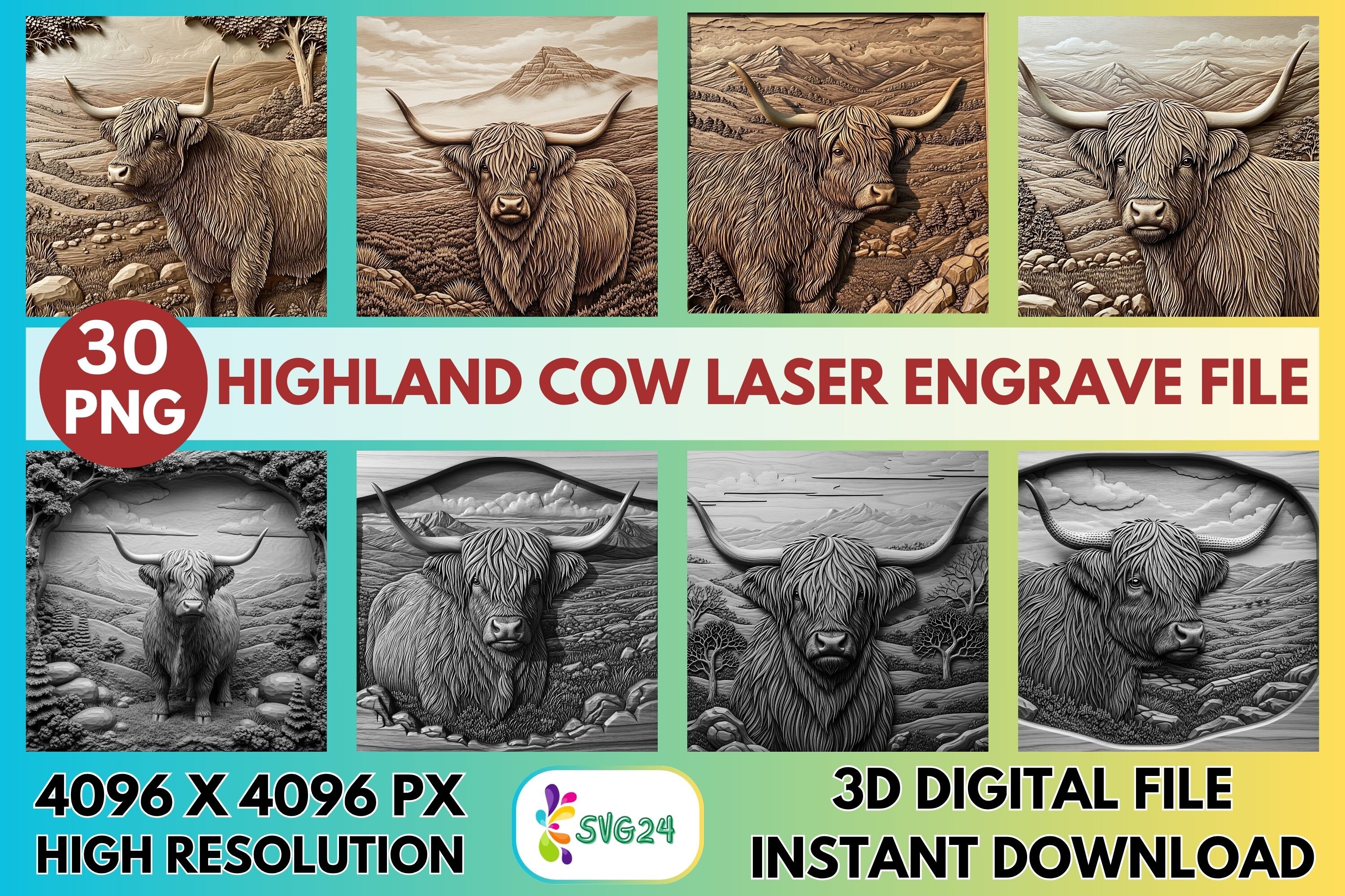 3D Highland Cow Laser Engrave File