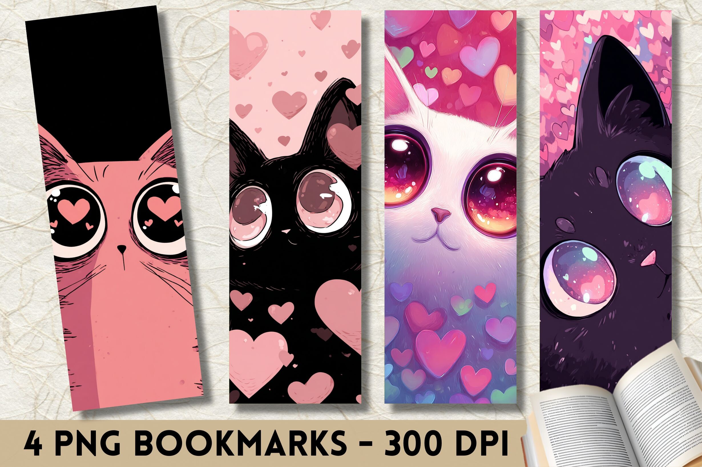 Kawaii Cat Pink Heart Valentine Bookmark