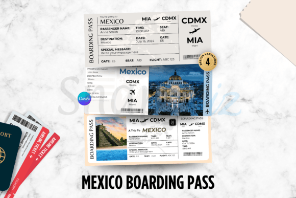 Mexico Canva Boarding Pass Trip Ticket