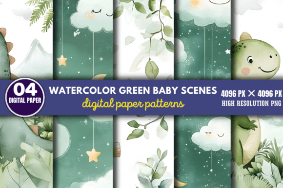 Watercolor Green Baby Scenes Pattern 5